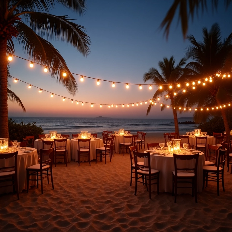 Iluminação de casamento na praia com luzes decorativas.