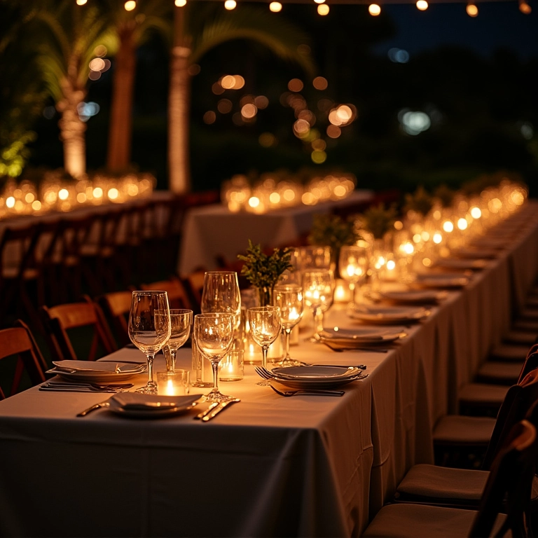 Iluminação de mesas retangulares em casamento noturno com luzes de fada, velas e taças de cristal.