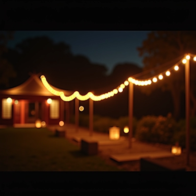 Iluminação romântica em tenda de casamento com luzes e lanternas.