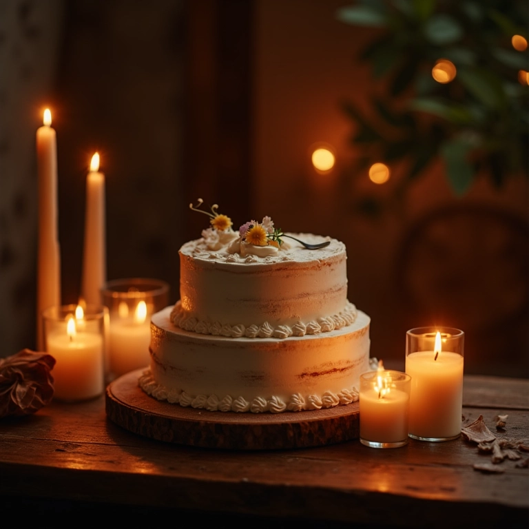Iluminação suave da mesa de bolo rústica com velas e luzes.