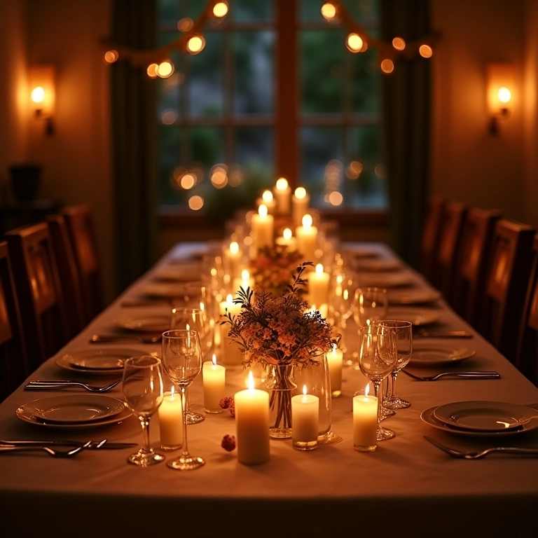 Iluminação suave e romântica em uma mesa posta para casamento.