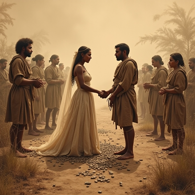 Ilustração histórica de ritual de casamento antigo com sementes.