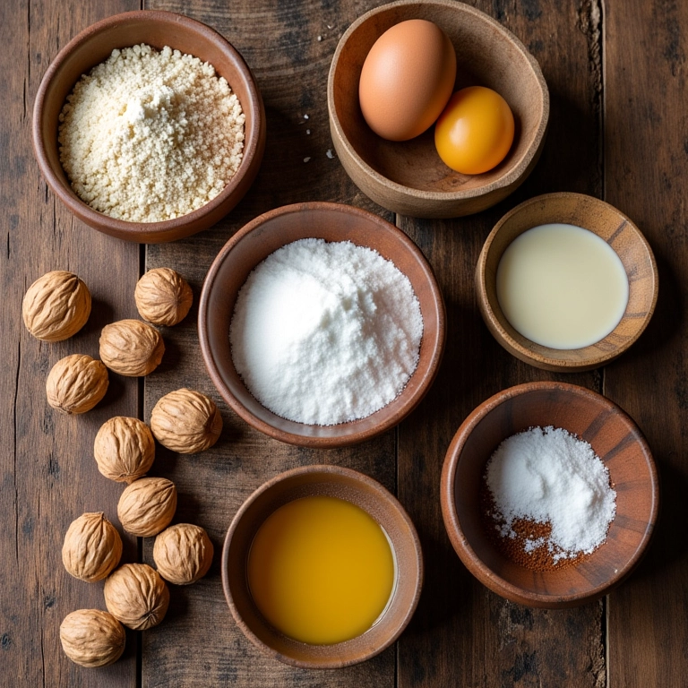 Ingredientes frescos para fazer camafeu de nozes dispostos em mesa de madeira rústica.