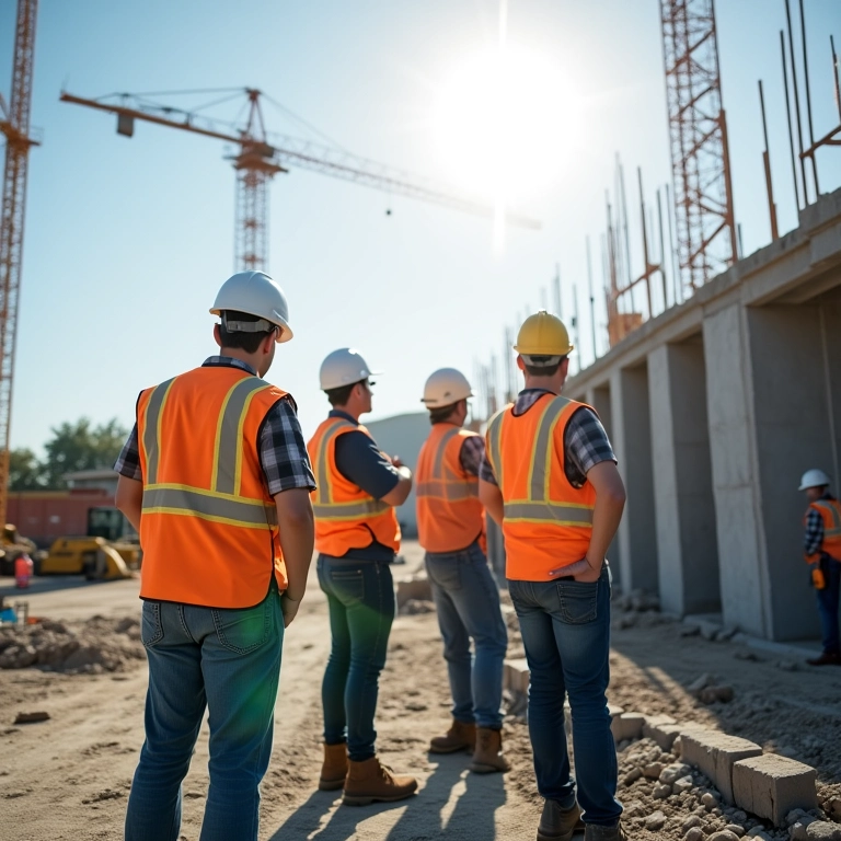 Inspetores em obra verificando elementos diversos durante visita técnica.