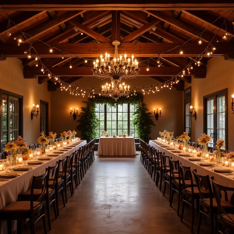 Interior de fazenda para casamento com mesas e decoração.
