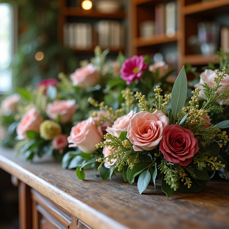 Interior de uma floricultura artesanal com corsages feitos à mão.