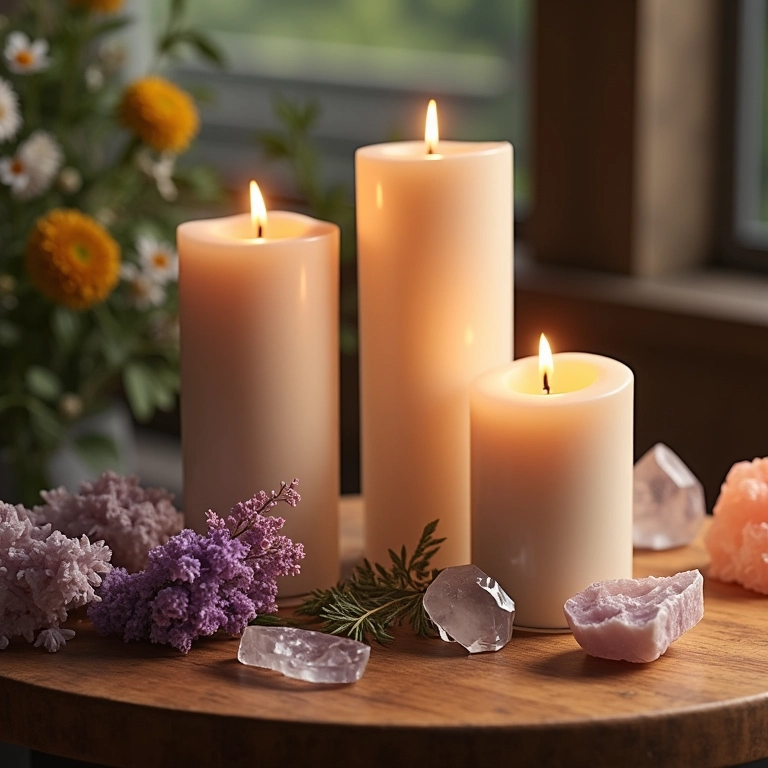 Itens essenciais para um handfasting: fitas, velas, cristais e sálvia.
