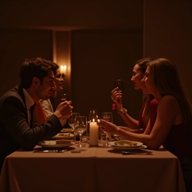 Jantar elegante em uma despedida de solteiro, com amigos à mesa desfrutando de uma refeição sofisticada à luz de velas.