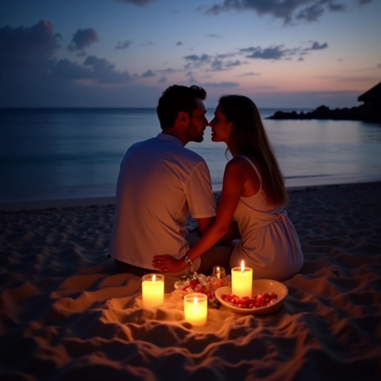 Jantar romântico à luz de velas na praia nas Ilhas Maurício.