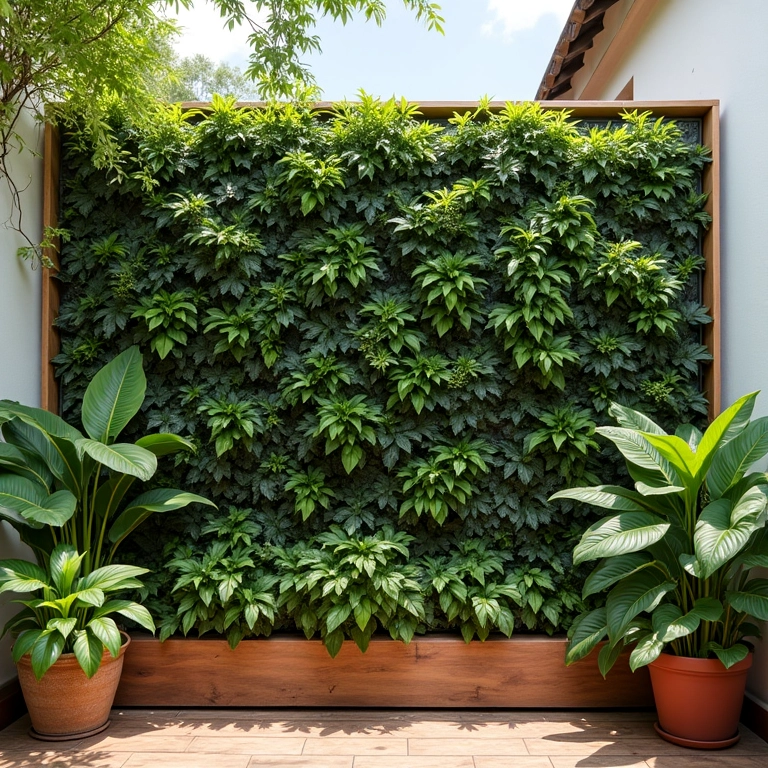 Jardim vertical exuberante em área externa.