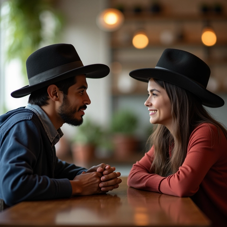 Jovem casal judeu conversando em um café aconchegante durante um Shidduchin.