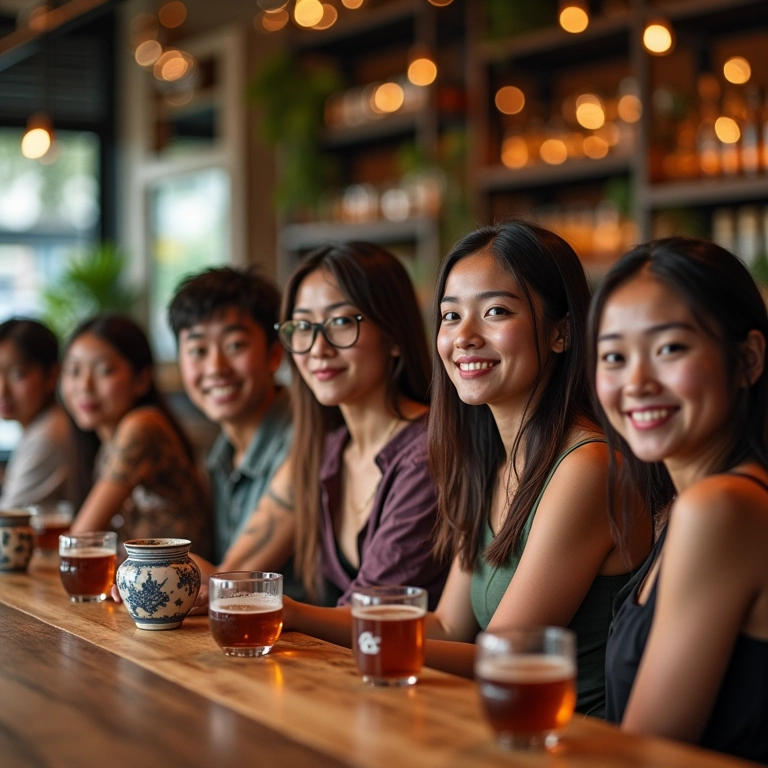 Jovens adultos em um chá bar com decoração artesanal, unindo elementos de chá e bar.