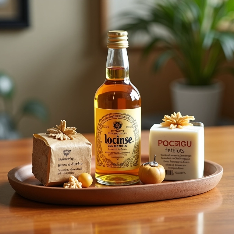 Kit de boas-vindas com cachaça, doces e sabonetes regionais.