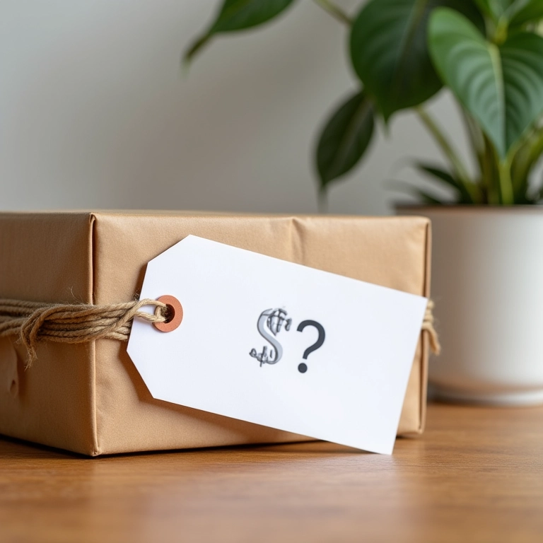 Kit de boas-vindas com etiqueta de preço em branco e texto 'Qual o valor médio?'