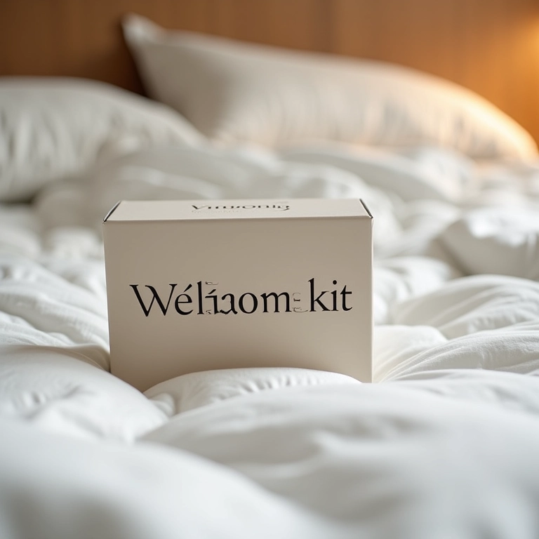 Kit de boas-vindas em uma cama com texto 'É obrigatório?'