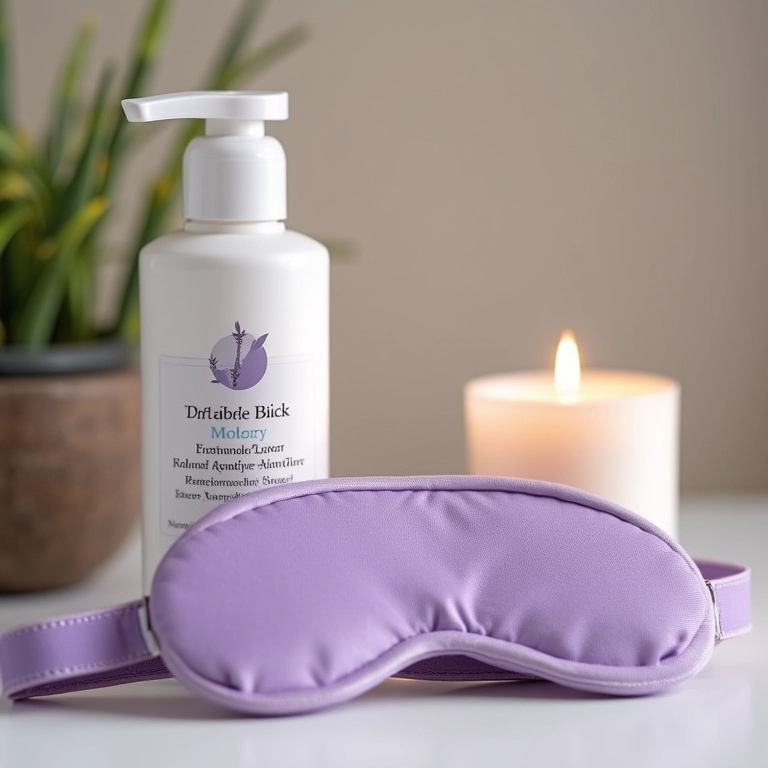 Kit relaxante com loção de lavanda, máscara e vela.