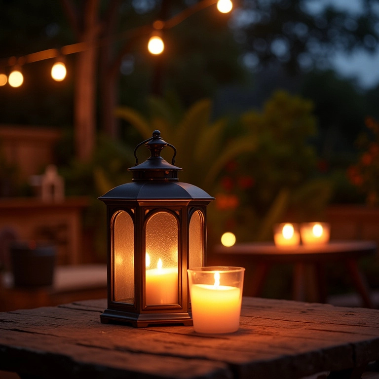 Lanternas e velas iluminando área externa ao entardecer.