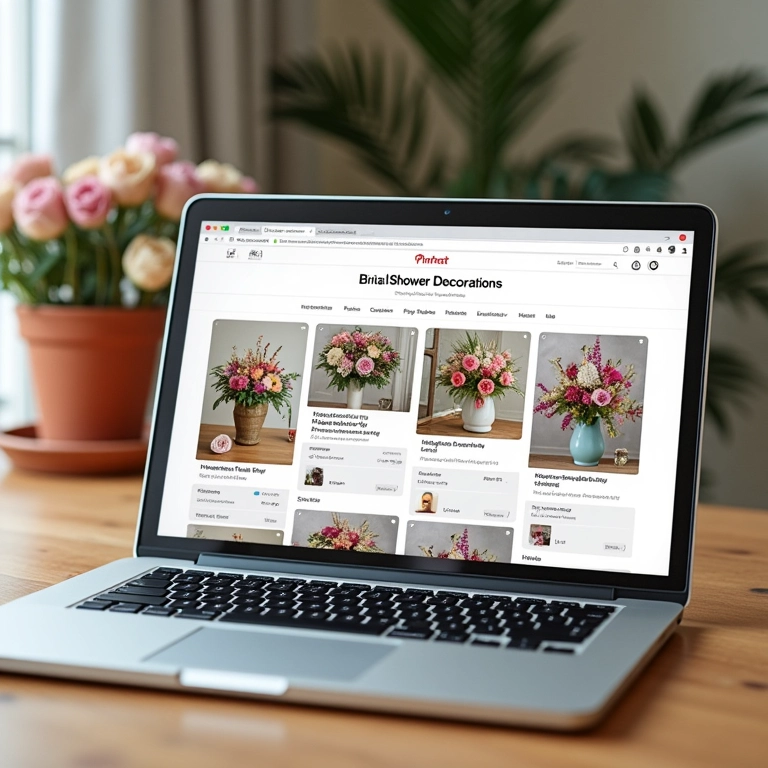 Laptop com inspirações de decoração de chá de panela no Pinterest.