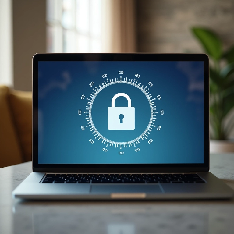 Laptop exibindo configurações de segurança para plataforma de casamento virtual.