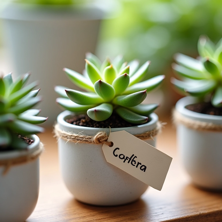 Lembrancinhas criativas para chá de cozinha: suculentas em vasos pequenos.