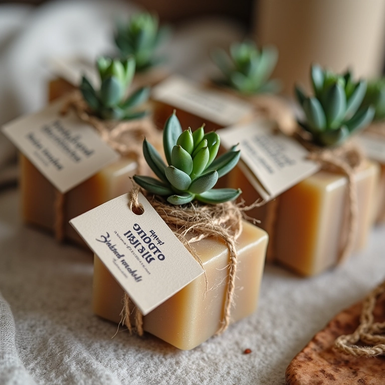 Lembrancinhas de casamento boho: suculentas e sabonetes artesanais.