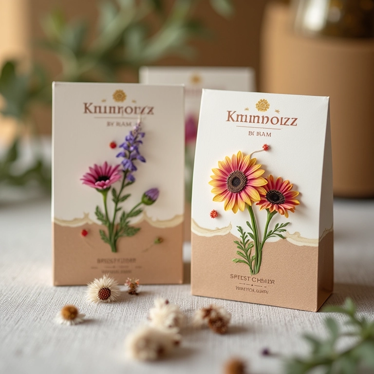 Lembrancinhas de casamento com sementes de flores em embalagens sustentáveis.