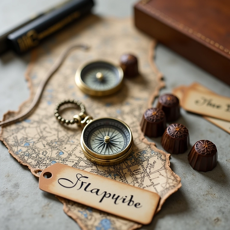 Lembrancinhas de casamento com tema de viagem, incluindo bússolas e chocolates com mapas.