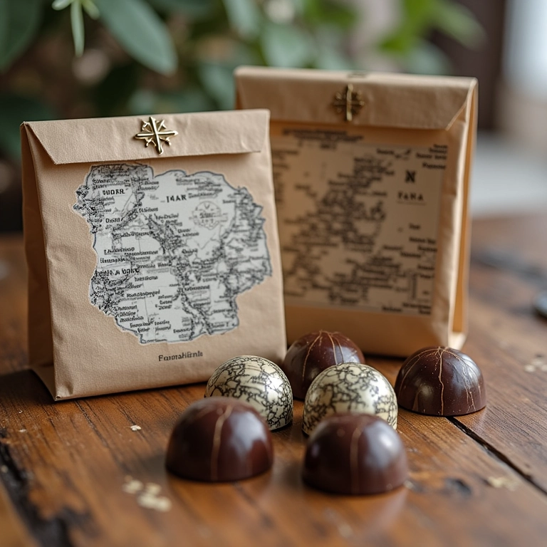 Lembrancinhas de casamento personalizadas com tema de viagem, incluindo mini bússolas e chocolates de mapa mundi.