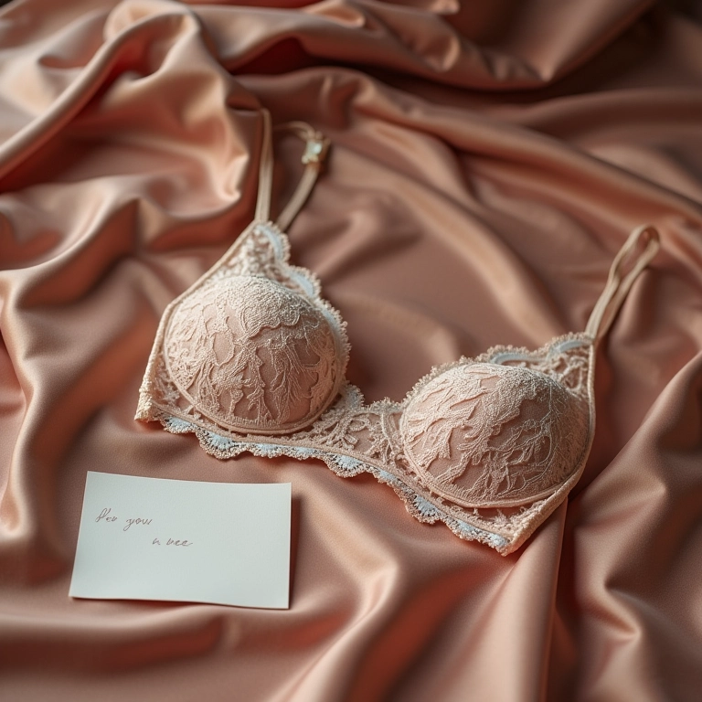 Lingerie de renda delicada sobre lençol de seda com um bilhete manuscrito.