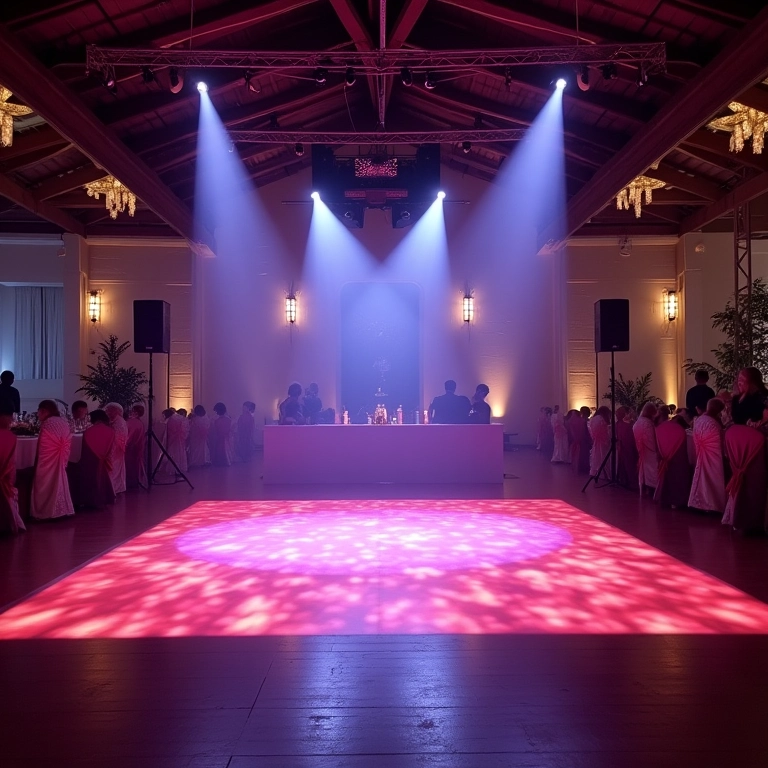 Local de casamento brasileiro visto de longe, mostrando a pista de dança iluminada por várias moving heads.