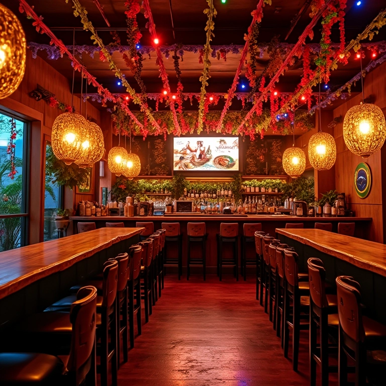 Local decorado para Chá Bar com cores vibrantes e iluminação festiva.