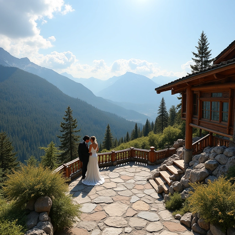 Local ideal para casamento na serra com vista panorâmica e arquitetura rústica.