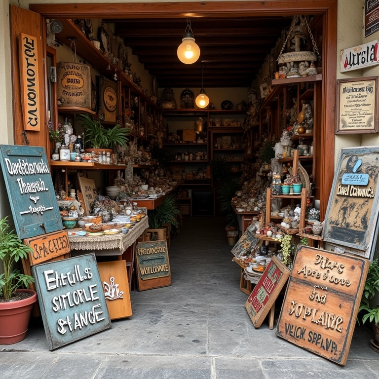 Loja de artesanato brasileira vendendo quadros de boas-vindas.