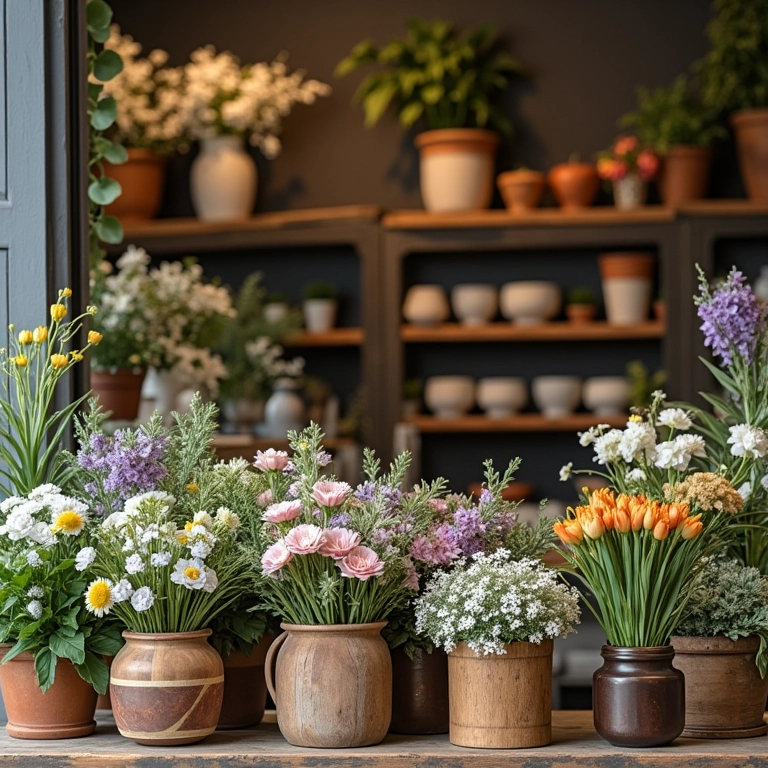Loja de florista com decorações naturais para casamento, buquês e guirlandas.