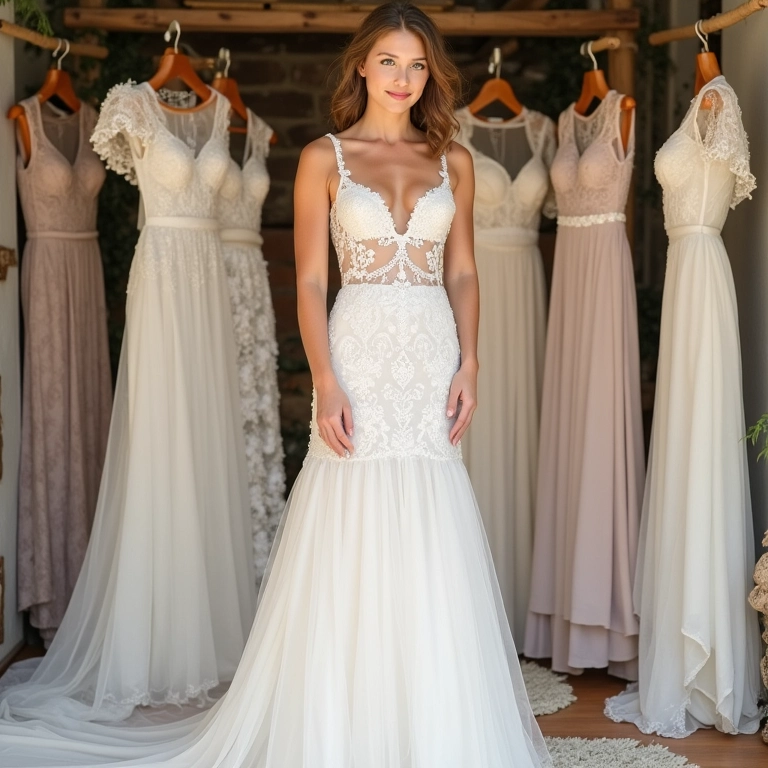 Loja de vestidos de noiva boho com variedade de modelos.