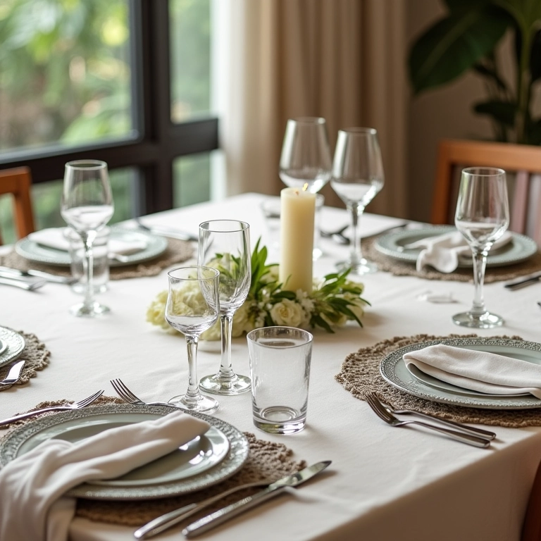 Louças e talheres elegantes dispostos em mesa quadrada.