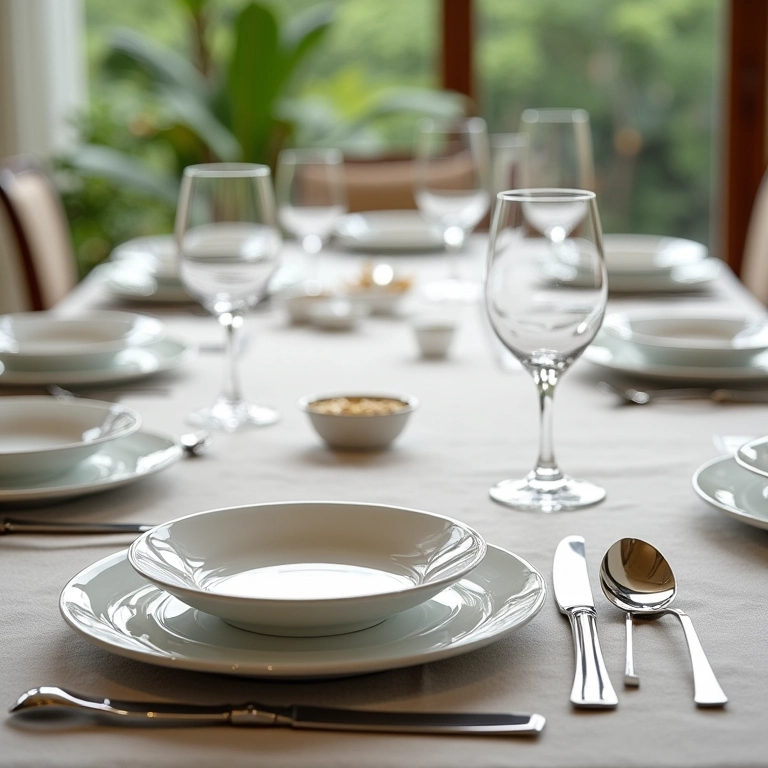 Louças e talheres refinados dispostos sobre mesa retangular, com pratos de porcelana, talheres de prata e taças de cristal.