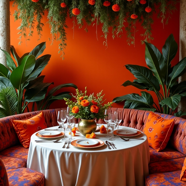 Lounge de casamento com cores vibrantes e tecidos texturizados.