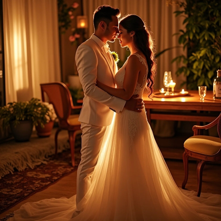 Lounge de casamento com iluminação suave e aconchegante.