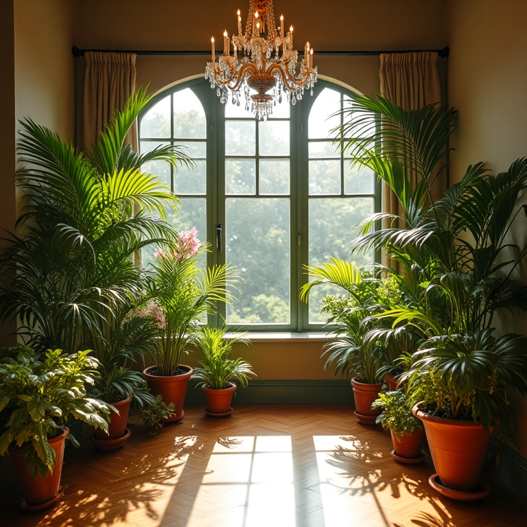 Lounge de casamento com plantas e flores, luz natural.