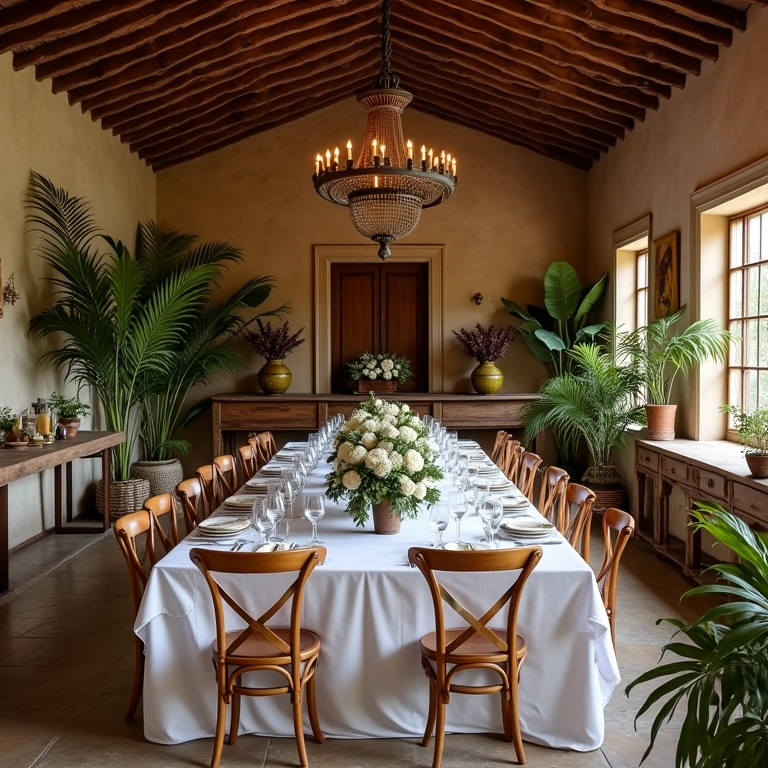 Lounge de casamento em estilo rústico-chique com móveis de madeira.
