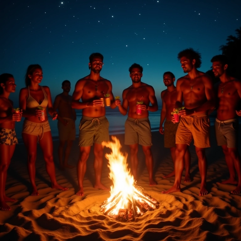 Luau à beira-mar em uma despedida de solteiro com fogueira, drinks tropicais e estrelas no céu noturno.