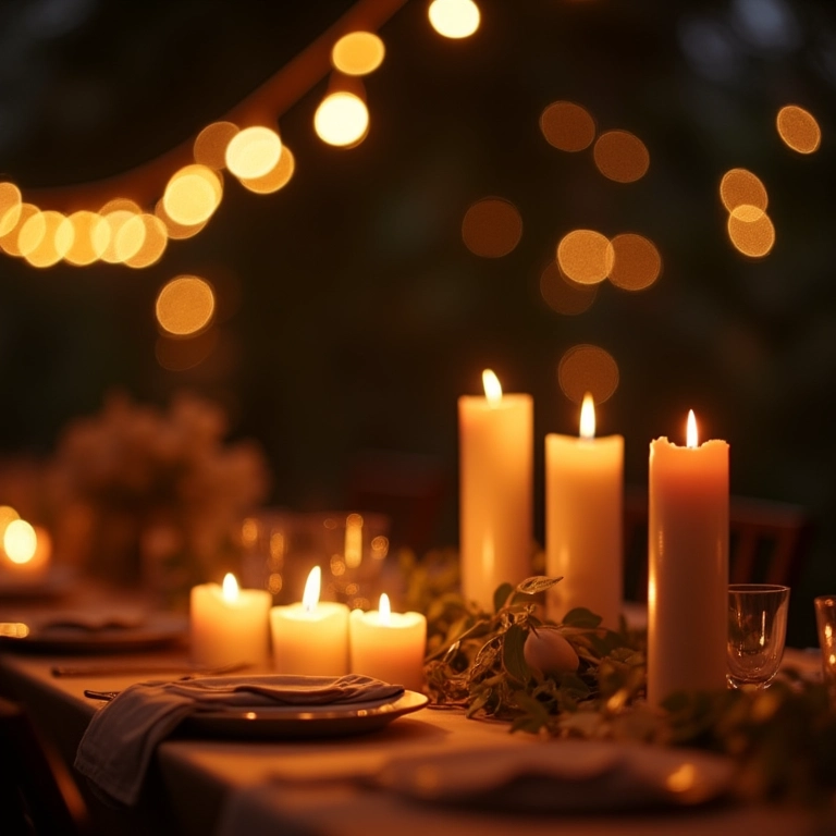 Luzes e velas criando uma atmosfera aconchegante em uma recepção de casamento com tema de viagem.