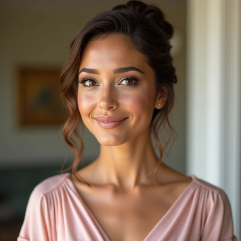 Madrinha brasileira com maquiagem leve e vestido rosa em casamento diurno.