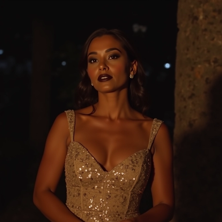 Madrinha brasileira glamourosa com maquiagem ousada em casamento noturno.