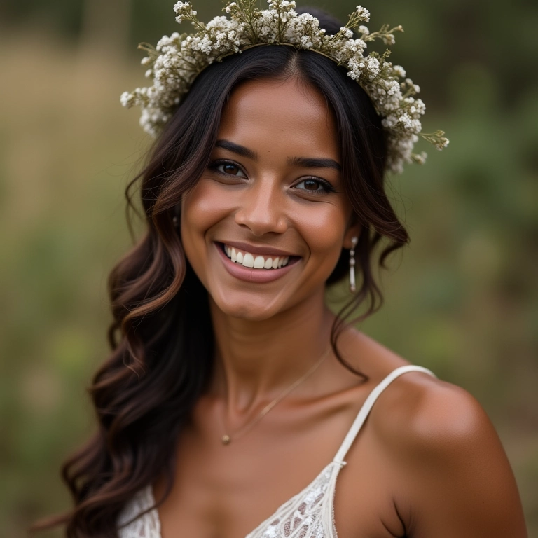 Madrinha em casamento rústico com maquiagem natural e flores no cabelo.