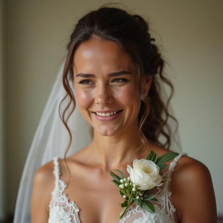 Madrinha sorrindo, com expressão levemente confusa, usando um corsage.