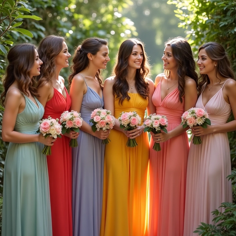 Madrinhas com vestidos coloridos usando corsages que combinam com seus trajes.