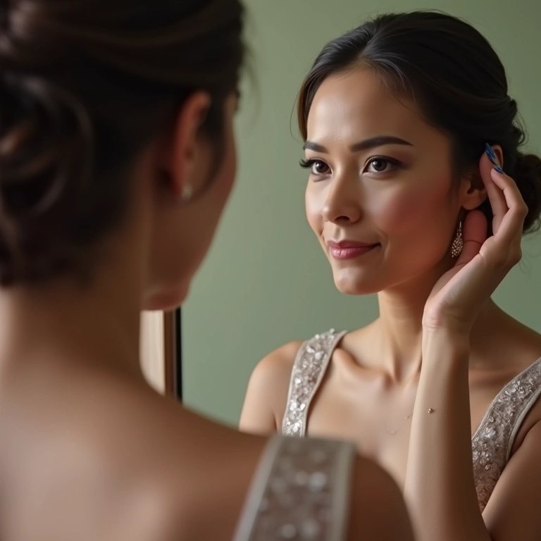 Mãe da noiva conferindo o visual final antes do casamento.