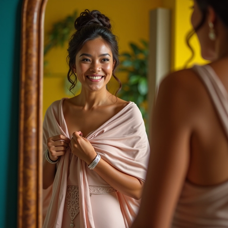 Mãe da noiva confiante ajustando o xale com toque brasileiro.